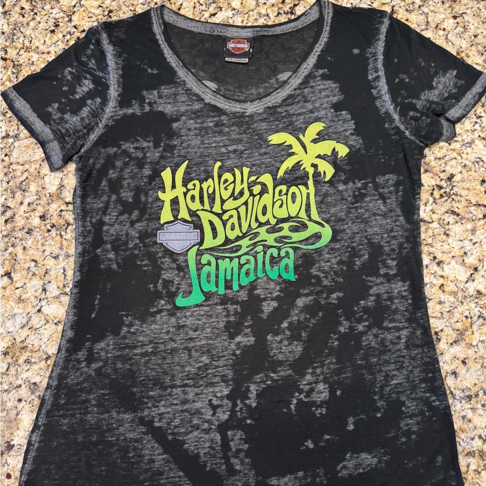 Harley-Davidson Black Tee with Green and Yellow Jamaica Graphic
